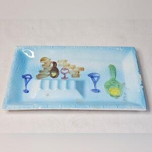Cigar Cigarette Ashtray Ceramic Vtg Retro Table Art Decor Blue Dish 9x6 Barware